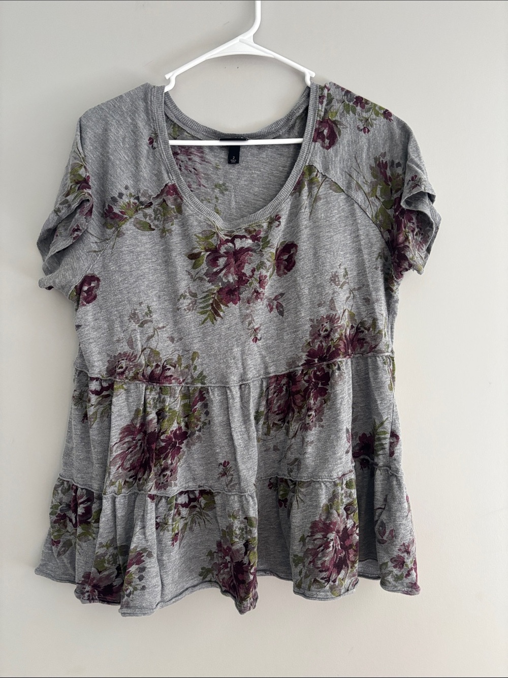 torrid Gray Tiered V-Neck Top with Plum Floral Accents